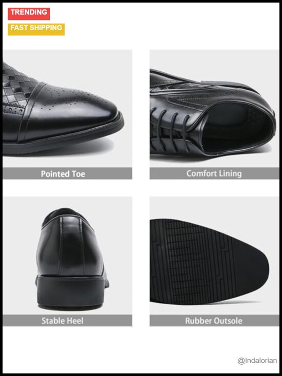 Men\'s Leather Pointed Toe Brogue Oxfords Lightweight Lace-Up Wingtip Block Heel main image 5